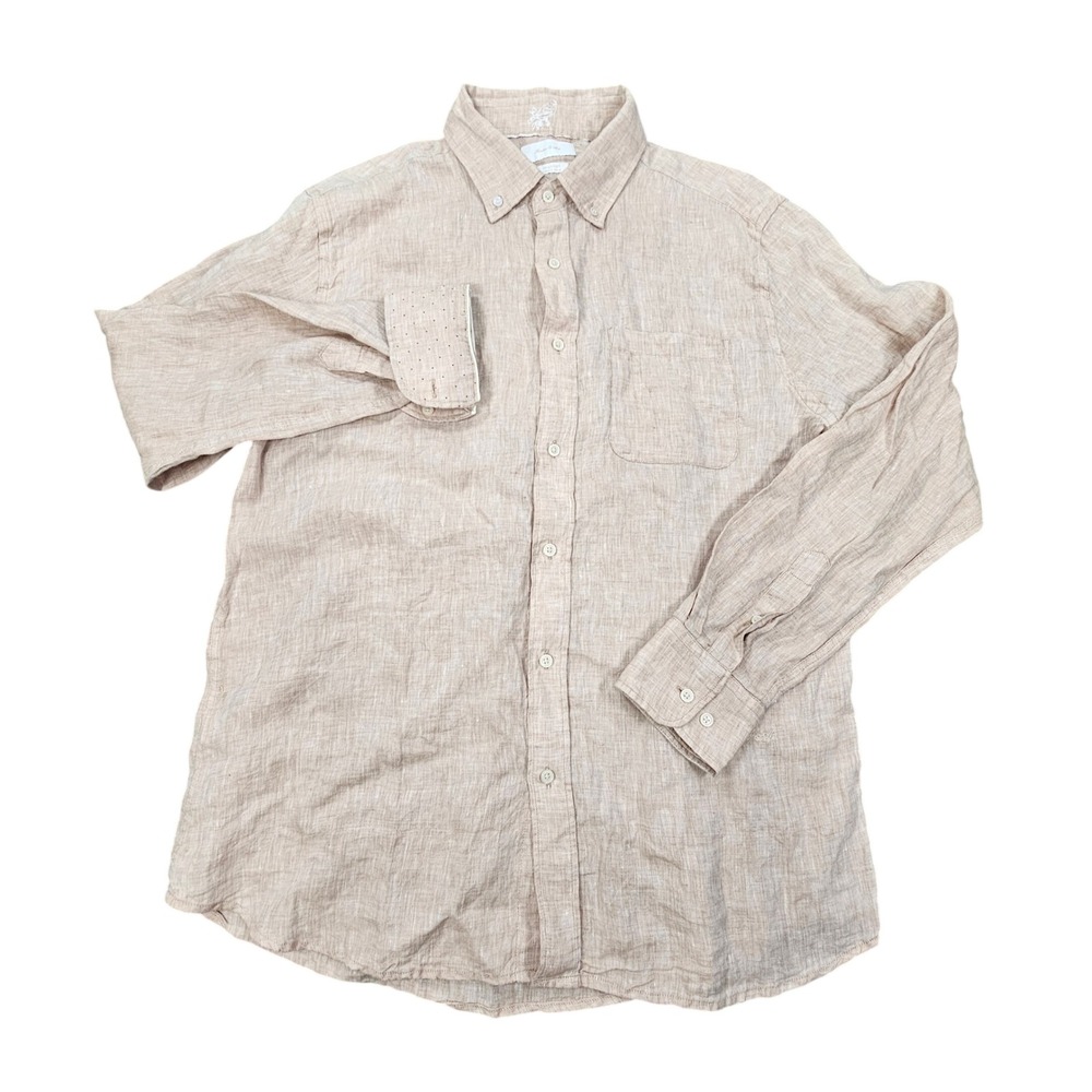 Porter & Ash Men's 100% Linen Button Down Shirt Tan Contrast‎ Cuff Size Large